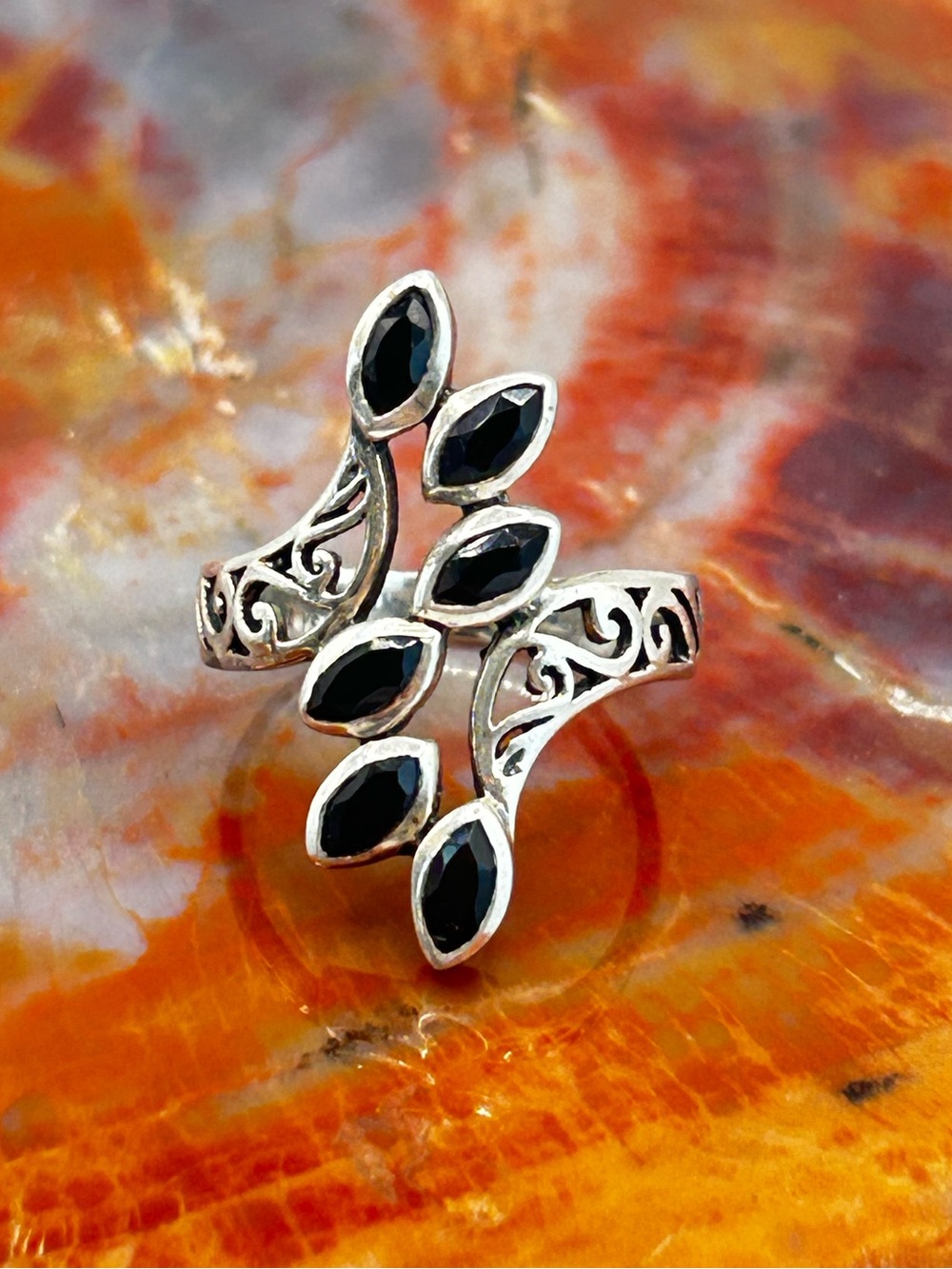 Sterling Silver Floral Ring with Black Sapphires - Size 7